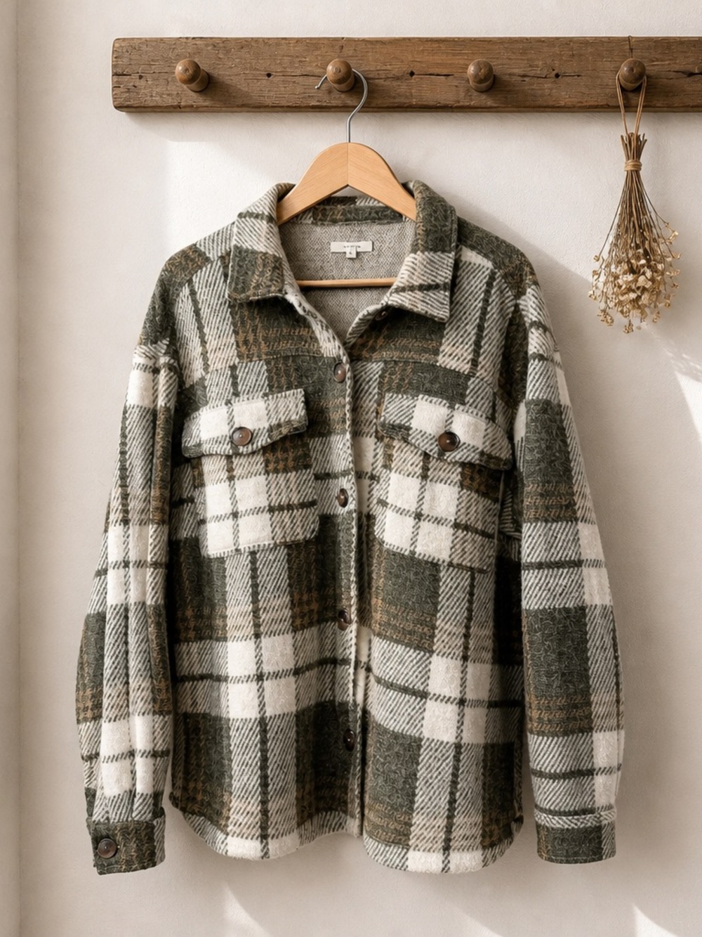 Maurices Plaid Shacket — Olive, Cream & Brown
